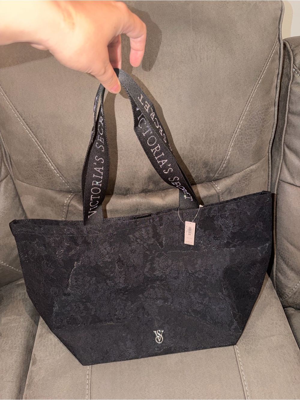 Victoria's Secret Black Lace-Pattern Tote with Branded Straps